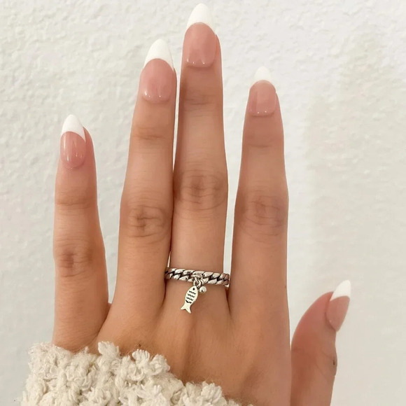 925 Sterling Silver Curb Chain Link Ring Dangle Ring Fish Ring Dainty Ring Band - Picture 2 of 9